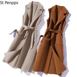 Lana otoño primavera mujer cintura media larga con cinturón señoras chaleco chaqueta abrigo Gilet Femme moda favorito Berserk 211014
