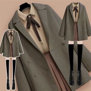 Wollen jas driedelig jasje blouse korte rok plus size dames streetwear herfst winter pak vrouwelijk leeftijdsreductie dubbelzijdig 220221