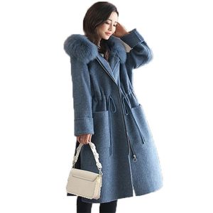 Wollen jas vrouwen bontkraag hooded plus size grijs blauw lange tops herfst winter Koreaanse dikke warmte mixen jas LR684 210531