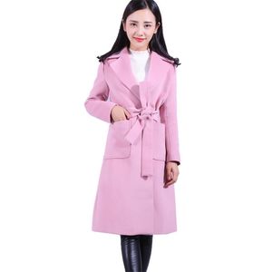 Wollen jas vrouwen roze winter mode temperament slanke kameel riem dikke lange mouw revers melanges jas feminina lr1003 210531