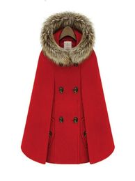 Wollen Vrouwelijke Elegante Poncho En Capes Jas Dames Capuchon Bontkraag Double Breasted Winter Losse Straat Korte Overjas Rood 206511623