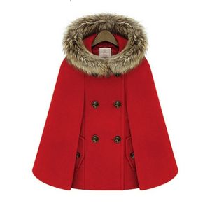 Wollen vrouwelijke elegante poncho en capes jas vrouwen hooded cape bont kraag dubbele breasted winter losse straat korte coat rood 201210