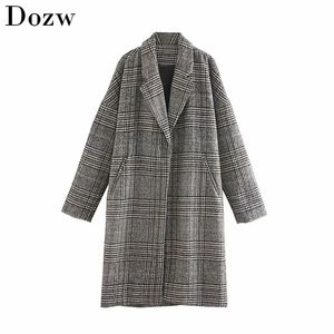 Wollen lange jas vrouwen plaid vintage mode winter warme mouw slanke elegante dames knie-lange uitloper jassen 210515