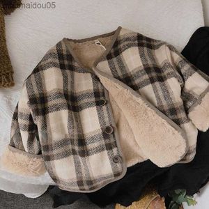 Woolen Plaid Children's Plush Coat Korean Version Autumn and Winter New Boys' and Girls' Coats Loose Baby Cotton Padded Clothes L230712