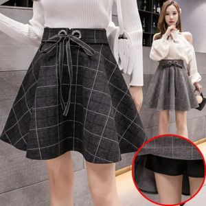 Wollen Geruite Hoge Taille Rok Vrouwen Koreaanse Slanke Mini Aline Lace Up Baljurk Herfst Winter Preppy Stijl Skort Vrouwelijke 240301