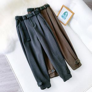 Wollen met riem Solid Dames Harem Broek Hoge Taille Button Losse Vrouwelijke Broek 2020 Herfst Winter Casual Dames Bottom