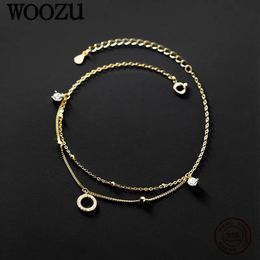 WOOZU réel 925 en argent Sterling luxe Double couche perle cristal Zircon chaîne cheville pour les femmes minimaliste pied plage bijoux cadeau 240119