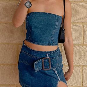 Werk Jurken 00s Retro Vrouwen Blauwe Denim Jurk Set Mouwloos Off Shoulder Jeans Corset Tank Top Hoge Taille Blet Fleece Trim Split Mini Rok