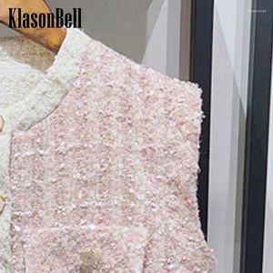 Robes de travail 1.8 KlasonBell 2024 printemps paillettes Tweed col rond sans manches gilet ou jupe trapèze doux tempérament femmes ensemble