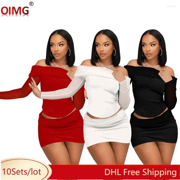 Vestidos de trabajo 10 juegos de falda de malla de verano al por mayor Mujeres camisa de cuello de manga larga Top Bodycon Mini Two Piece Casual Fits 165