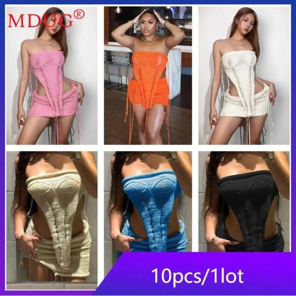 Vestidos de trabajo 10sets Artículos a granel Lotes al por mayor Conjuntos de dos piezas de punto sexy Trajes Mujeres Sin tirantes Crop Top Camisa Faldas Y2K Vestido M12521