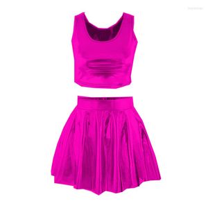 Werk Jurken 19 Kleuren Dame Sexy Nachtclub 2 Delige Set Mouwloze Crop Top Glanzende Geplooide Mini Rok Straat Dansen Kostuum Mode Podium