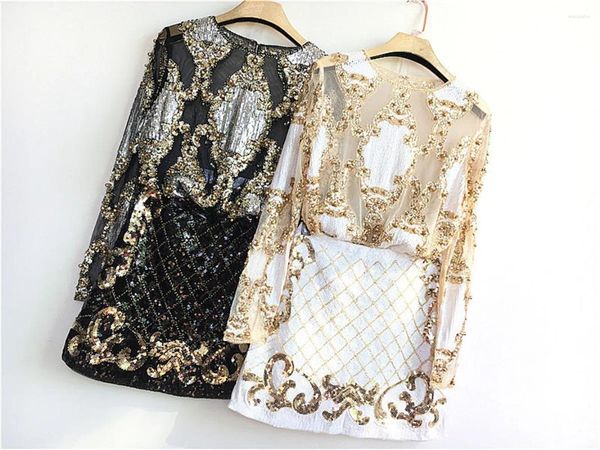 Vestidos de trabajo Conjunto de 2 piezas Mujeres Lentejuelas brillantes Tops dorados Camisa de flores Gasa transparente brillante con mini falda corta Fiesta del club nocturno 288