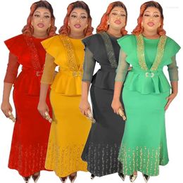 Vestidos de trabajo Conjunto de 2 piezas Trajes de falda larga Trajes de mujer Diamantes de lujo Volantes Tops y faldas de sirena de cintura alta Fiesta africana 2024