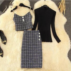 Robes de travail Ensemble de 2 pièces ou 3 automne bouton d'hiver tweed femelle de haute qualité gilet gilet crop top jupes longues pull noir costume