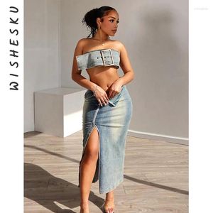 Werkjurken 2 -delige set vrouwen denim outfits sexy riem crop top top high taille spleet maxi rokken 2024 zomer harajuku fee grunge kleren