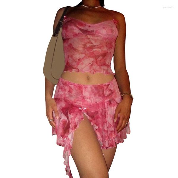 Vestidos de trabajo Conjunto de 2 piezas Traje de mujer Y2k Estética Estampado floral / Color sólido Correa de espagueti Cami Top y falda con dobladillo asimétrico con volantes