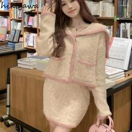 Robes de travail 2 pièces sets femens tenues roupas femme preppy style sweet marin collier cropped cardigan mini bodycon jupe combinaison chic tricot