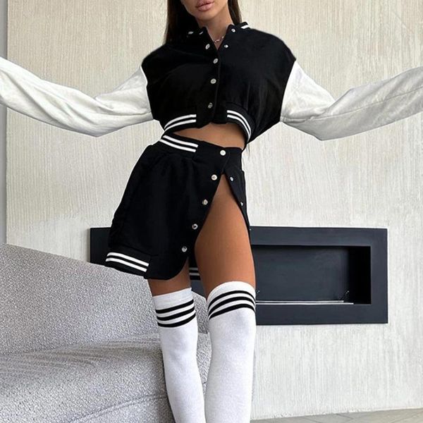 Robes de travail 2 pièces Varsity Veste Costume Femmes Casual Sport Style Pièce Baseball Ensemble Simple Boutonnage Nombril Exposé Tenue Quotidienne