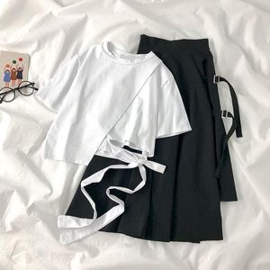 Robes de travail 2022SS Streetwear Set Costume d'été Petite fille étudiante coréenne Bandage irrégulier T-shirt à manches courtes + Jupe mi-longue en deux pièces