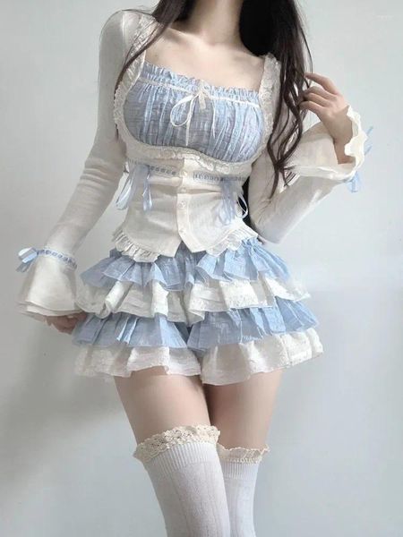 Vestidos de trabajo 2023 otoño kawaii lolita traje estilo japonés tops de encaje delgado bodycon y2k mini falda moda pastel niñas fiesta conjunto de 2 piezas