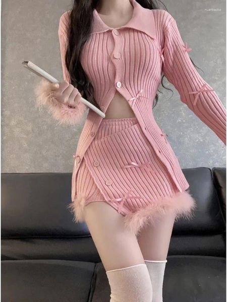 Robes de travail 2023 Automne Pink Knited Suit femme Kawaii Elegant Set Corea Fashion Vêtements Casual Sweater Slim Bodycon y2k Mini jupe