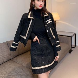 Robes de travail 2023 automne hiver noir Tweed jupe costume femmes élégant revers simple boutonnage manteaux taille haute Mini coréen 2 pièces ensembles