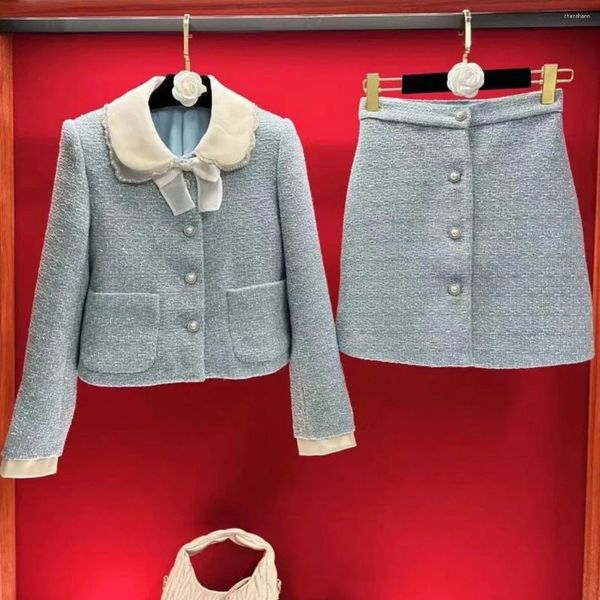 Ensemble de robes de travail à paillettes pour femmes, manteau en Tweed à col de poupée et Mini jupe, costume coréen, mode automne/hiver 2023