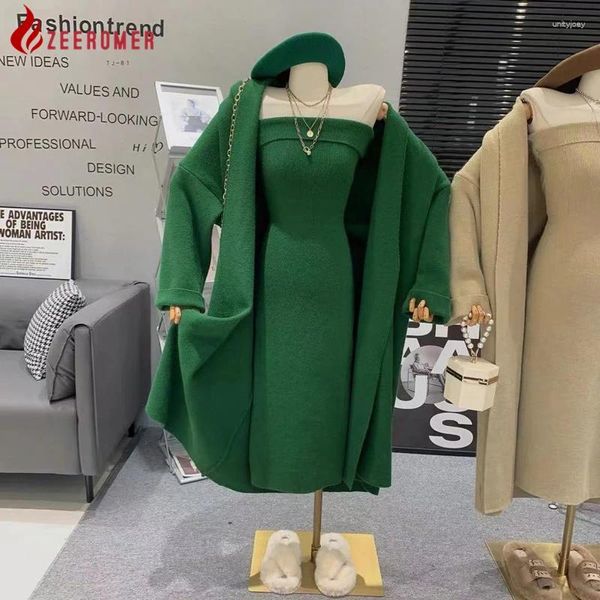 Vestidos de trabajo 2023 Otoño Invierno mujeres elegante Vintage largo tejido cárdigan suéter abrigos Sexy sujetador vestido delgado conjunto de 2 piezas