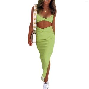 Werkjurken 2023 mode elegante 2 stuks vrouwelijk pak set solide kleur laag uitgesneden korte camisole lange pakket heup rok voor zomerjurk