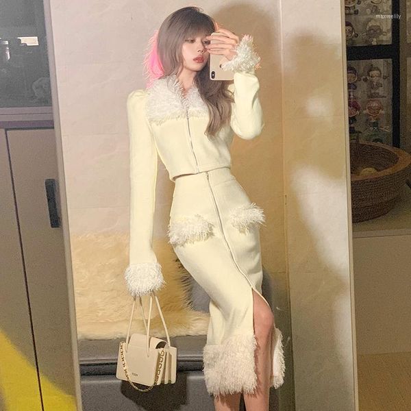 Robes de travail 2023 French Temperament Luxury Cardigan Slim White Plush Big Turn-down Collar Open Stitch And Hight Slit Skirt Knit Set Suit
