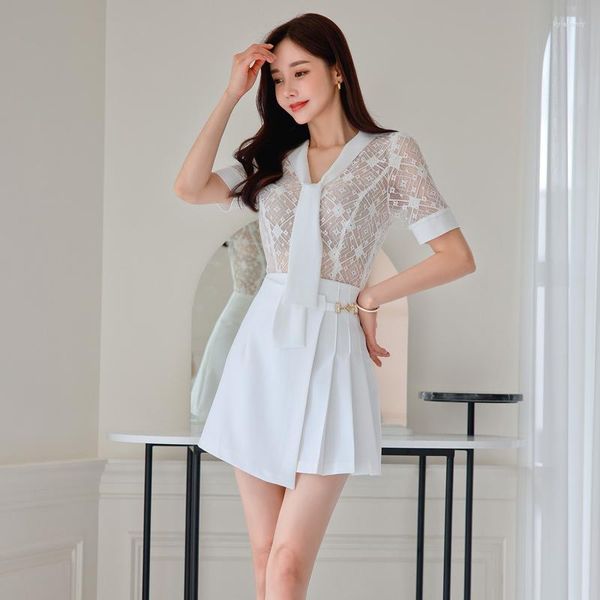 Vestidos de trabajo 2023, camisa blanca para niña, Top, minifalda, traje profesional de dos piezas para mujer, moda coreana, blusa elegante, conjunto de faldas para mujer