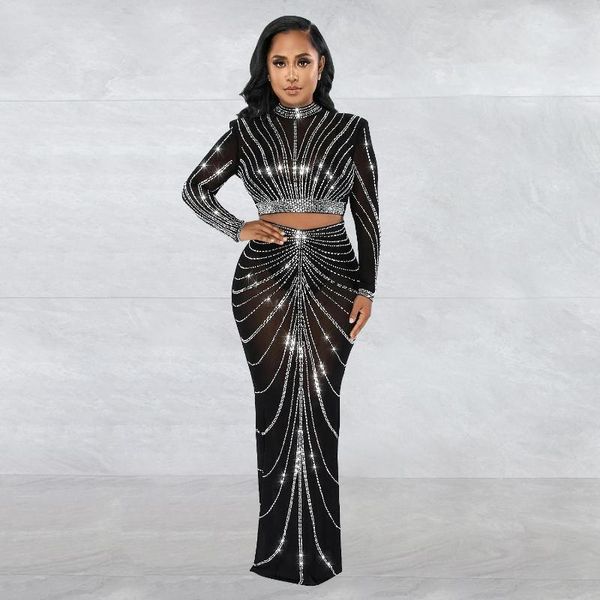 Vestidos de trabajo 2023 de manga larga de malla maxi bodycon elegante fiesta brillante diamantes de imitación para vestido de cumpleaños sexy club conjuntos de dos piezas para mujer outifits