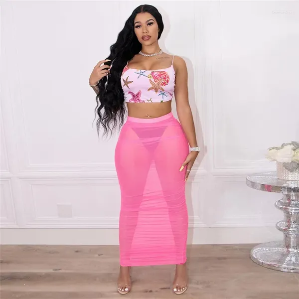 Vestidos de trabajo 2023 Diseñador de lujo Conjunto de playa Joven Abierto Estilo sexy Bikini Top Falda de lápiz de encaje largo Mujeres 2 piezas