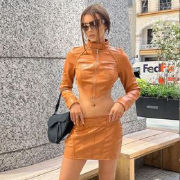 Werk jurken 2023 PU Leather Ledes lange mouwen Zip Up knop Crop Top Rokken 2 stuks Set Fall Women Fashion Casual Festival Y2K Kleding