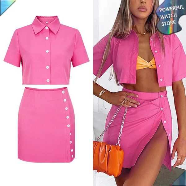 Vestidos de trabajo 2023 Sensual Sexy Pink Manga corta Polo Cuello Camisa Top Traje Botón de verano Wrap Hip Half Dress Party Nightclub Mini 2pcs Set