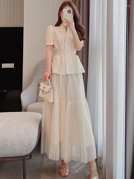 Vestidos de trabajo 2023 Spring Summer Women Skirt Traje Elegante Corea Corea Carretera Moda Long Mesh Casual Evening Party Two Piece Set