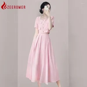 Werk Jurken 2023 Zomer Elegante Roze 2 Delige Set Vrouwen Vierkante Kraag Single Breasted Jasje Hoge Taille Geplooide A-lijn midi Rok Pak