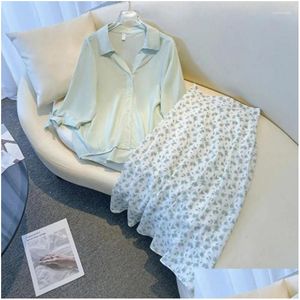 Werkjurken 2023 Zomer Koreaanse Damespakken Single Breasted Chiffon Shirt Tops Hoge Taille Bloemen Halve Rok 2 Delige Set Frisse Drop De Ot4Fc