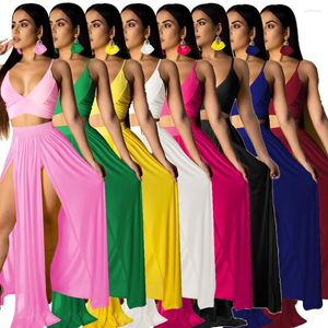 Werkjurken 2023 Summer Ladies Fashion Sexy Deep V-Neck Halter Vest Solid Color Forked Stretch Taille Swing Jurk Tweedelige set