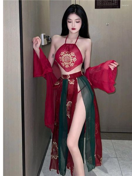 Vestidos de trabajo 2023 Verano Sexy Cuello colgante Sin respaldo Bellyband Chinoiserie Tentación Hanfu Coqueteo Uniforme Traje Ropa de mujer 12JK