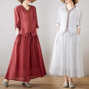 Robes de travail 2023 Costumes d'été grande taille femmes lâche à la mode rétro broderie coton lin chemise et jupe décontracté deux pièces ensemble Z1929