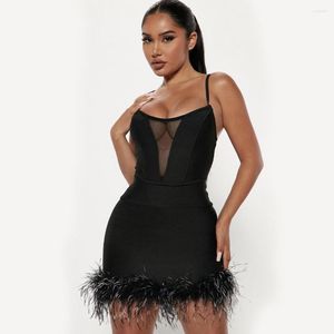 Vestidos de trabajo 2023 verano mujeres sexy negro sin mangas malla honda pluma bodycon vendaje mini falda elegante fiesta 2 conjunto de dos piezas vesidos