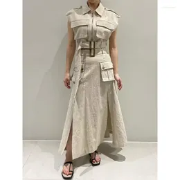 Vestidos de trabajo 2023 Trajes de verano para mujer Chaqueta sin mangas con cremallera Chaleco de cintura alta con cordones Bolsillo dividido Falda a media pantorrilla Traje elegante X028