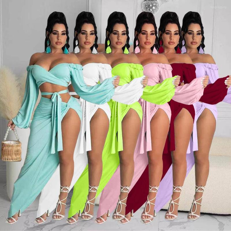 İş elbiseleri 2023 mizaç gidip yeşil uzun kollu sarılmış göğüs örgü moda gevşek düz renk takım elbise etek seksi iki parçalı set kadın