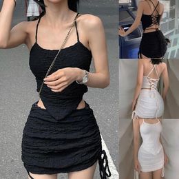 Werkjurken 2023 Tweede stuk outfits Night Out Rave Clubwear Dress Sets Black Wit Sexy Mouweless 2 Set Crop Top Mini Skirts