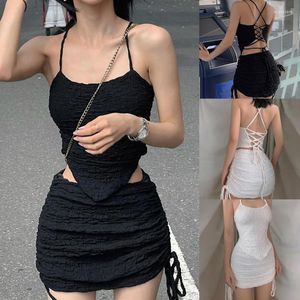 Vestidos de trabajo 2023 Conjuntos de dos piezas Night Out Rave Clubwear Conjuntos de vestidos Negro Blanco Sexy Sin mangas 2 Set Crop Top Mini faldas