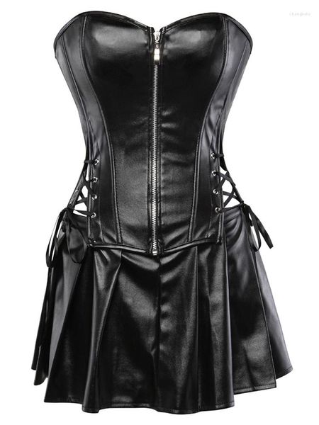 Vestidos de trabajo 2023 Vintage Gothic Pu Corset Mujeres Emo Alternativa con cordones Cintura alta Falda plisada Harajuku Streetwear Sexy 2 piezas Trajes