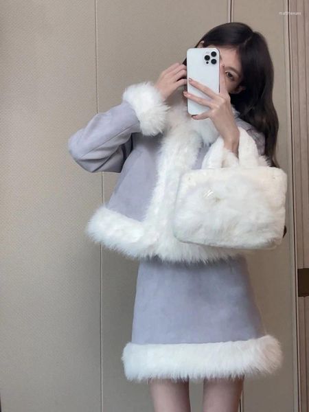 Robes de travail 2023 Winter Warm Korean Fashion Set Femme Français Elegant 2 Piece Jupe Outwear Fur Coat Jacket Slim Y2K Mini Mini