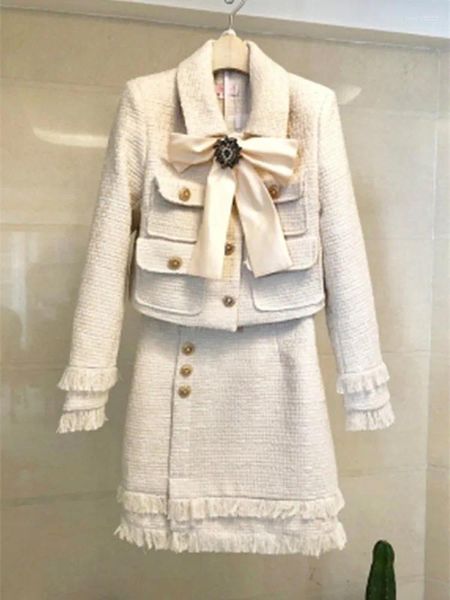 Robes de travail 2023 hiver femmes Tweed à franges 2 deux pièces ensemble Sexy à manches longues revers manteau jupe courte robes costume de fête